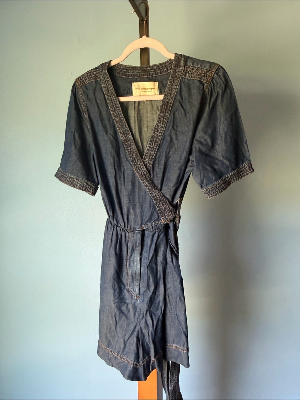 Pilcro by Anthropologie Indigo Denim Wrap Mini Romper 10